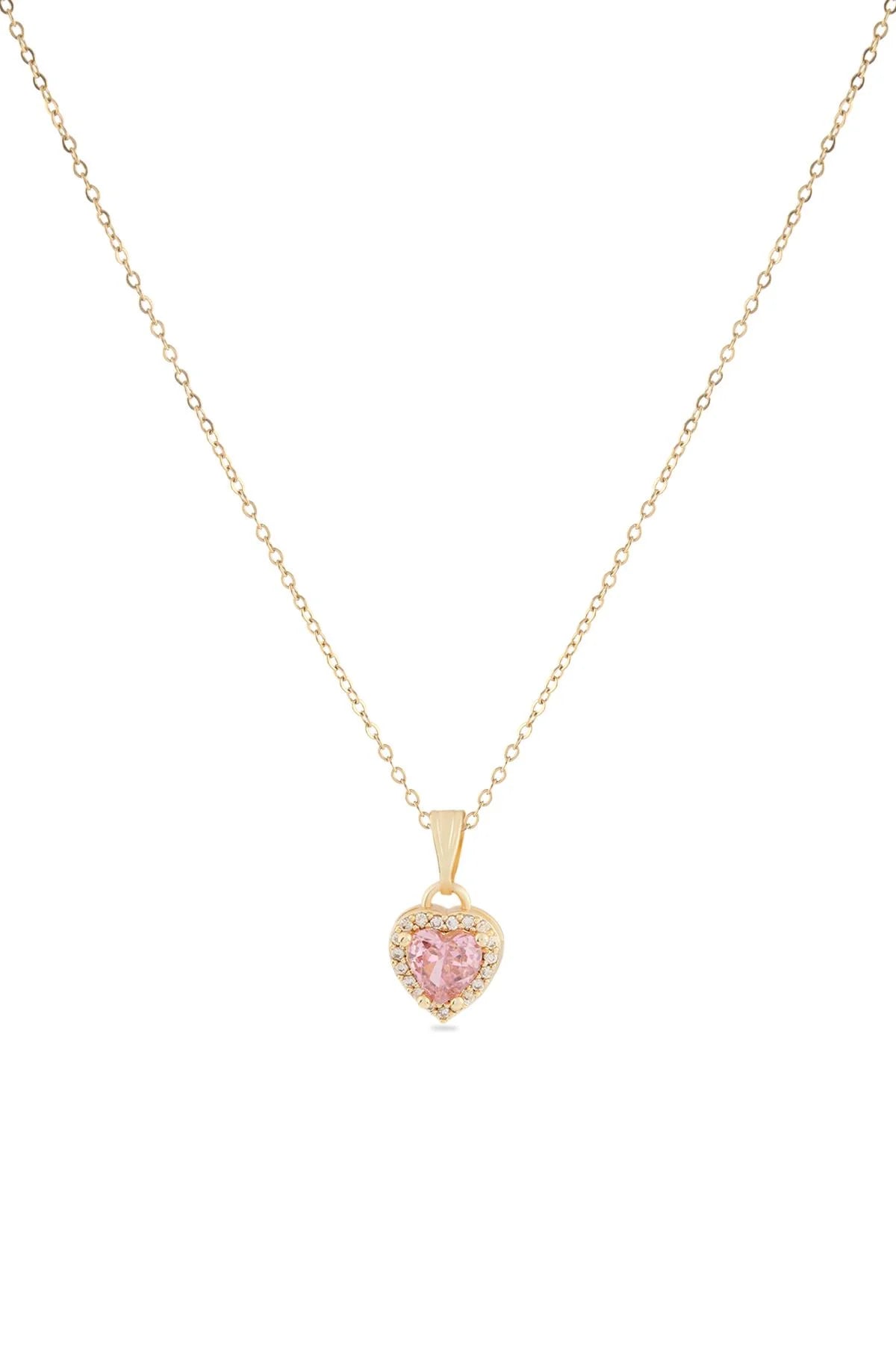 Kalp Desenli Taşlı Çelik Zirkon Kolye