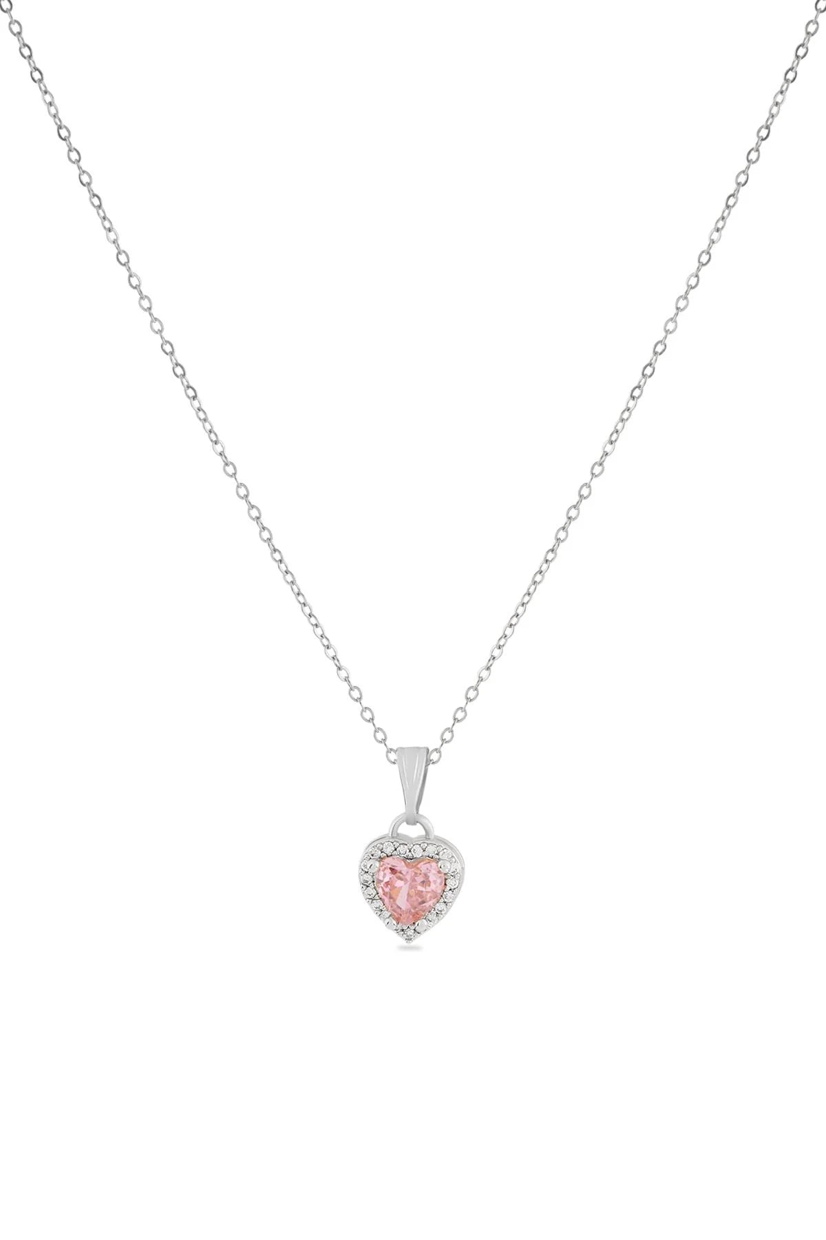 Kalp Desenli Taşlı Çelik Zirkon Kolye